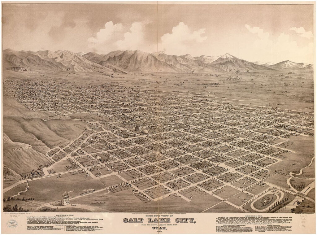 A 19th-century bird's eye view illustration of Salt Lake City, Utah